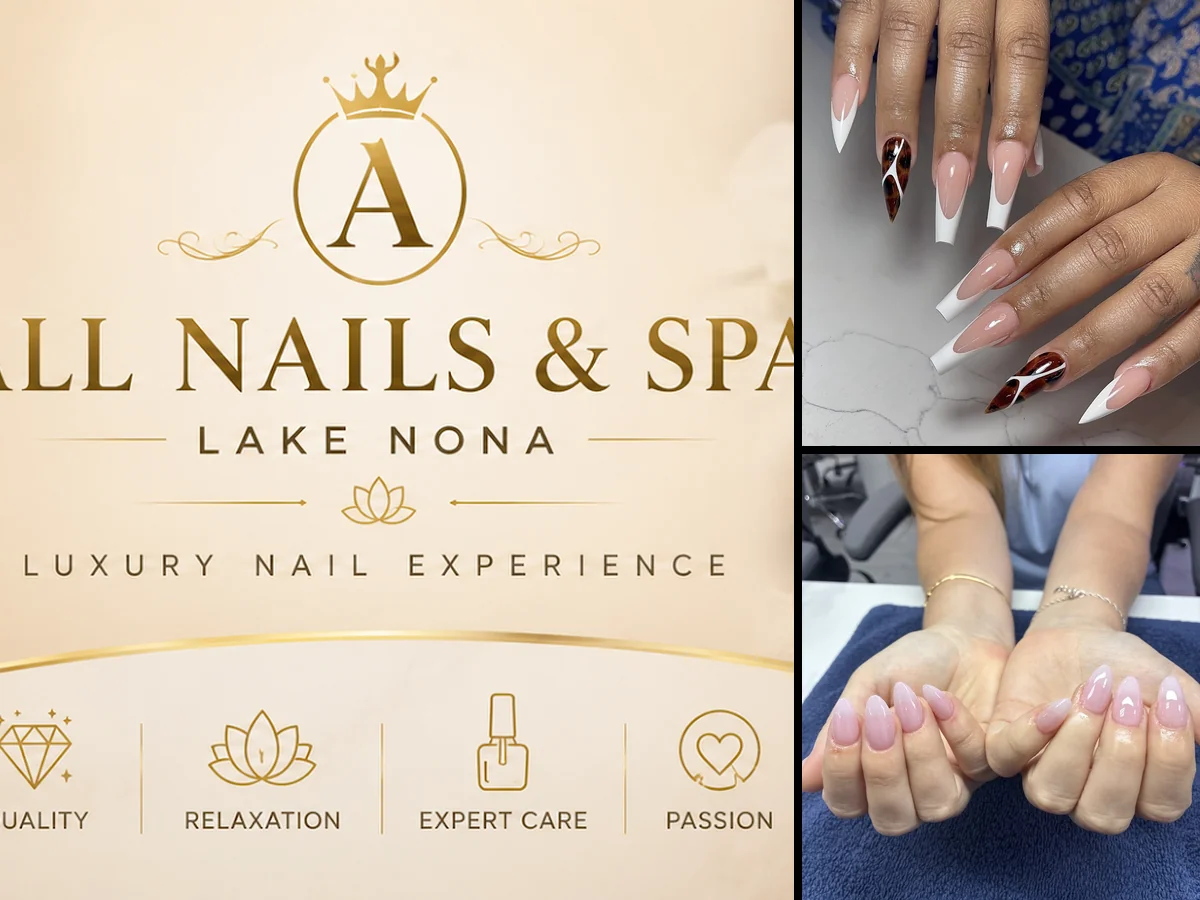 Clean nail salon stations with manicure tools.